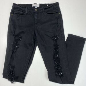 Frame Jeans Le Skinny 28 Midrise Stretch Denim Black Distress Holes Destroyed